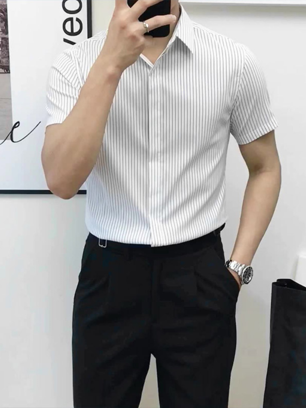 Men'S Urban Formal Wear - Kemeja Lengan Pendek Bergaris Slim Fit