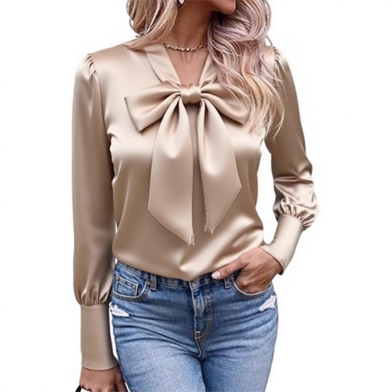 Satin Bow Tie - Blus Satin Polos Wanita dengan Pita