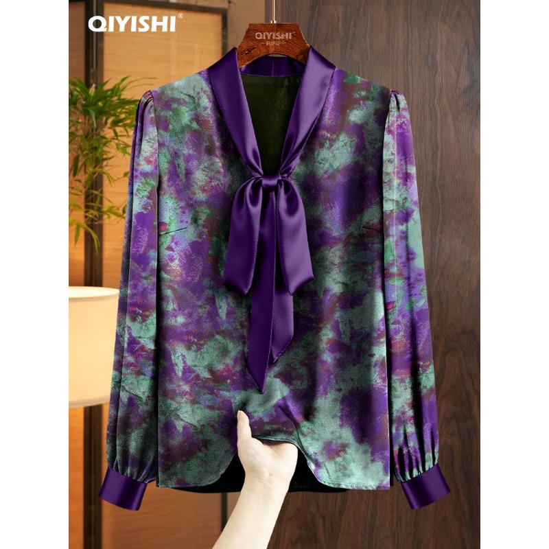 Satin Bow Tie - Atasan Ungu Elegan untuk Kerja, Model